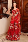 Buy_SANAM_Red Chiffon Garden Leaf Neck Claire Pattern Sharara Saree With Blouse _at_Aza_Fashions