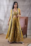 Buy_Soup by Sougat Paul_Yellow Malaysian Silk Printed Garden Jacket Open Palazzo Set _at_Aza_Fashions