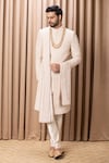 Buy_Ankit V Kapoor_Beige Cotton Embroidery Paisley Faizan Sherwani Set With Stole _at_Aza_Fashions