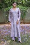 Buy_Tina Eapen Collective_Purple Chanderi Silk Printed Floral Leaf Neck Kurta And Flared Pant Set_at_Aza_Fashions