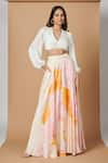 Buy_Vedika M_Pink Satin Printed Abstract Pattern V Neck Skirt And Top Set _at_Aza_Fashions