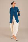 Buy_AMPM_Blue Linen Embroidered Leaf V Neck Jacket _at_Aza_Fashions