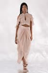 Buy_PIRI INDIA_Beige Organza Nirai Embellished Crop Top With Draped Skirt  _at_Aza_Fashions