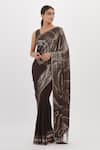 Buy_Nakul Sen_Brown Chiffon Wave Pattern Saree With Sleeveless Blouse_at_Aza_Fashions