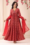 Buy_BAIRAAS_Red Muslin Printed Floral Patterns V Neck Long Anarkali With Organza Dupatta_at_Aza_Fashions