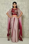 Buy_Adara Khan_Maroon Crop Top Bamber Silk Embroidery Ombre Effect Flower Jacket Skirt Set_at_Aza_Fashions