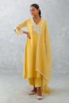 Buy_Devnaagri_Yellow Chanderi, Silk Lace, Embroidery Plunge Neck Gathered Thread Kurta Set _at_Aza_Fashions
