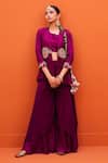 Buy_Kesar Studio_Purple Silk Embroidery Round Neck, Mandarin Peplum Jacket Layered Sharara Set _at_Aza_Fashions