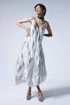 Buy_Shorshe Clothing_White Handloom Tissue Lurex Stripes Pattern V Neck Goa Dress _at_Aza_Fashions