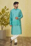 Buy_Priyanka Haralalka_Blue Cotton, Kota Doria, Silk Embroidery, Beads Aqua Bundi Kurta Set _at_Aza_Fashions