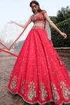 Buy_Keerthi Kadire_Red Raw Silk Scoop Neck Embroidered Bridal Lehenga Set _at_Aza_Fashions