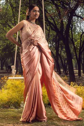 Buy_Nitika Gujral_Peach Organza, Satin Cut Work, Beads Plunge Neck Leaf Petal Patch Saree Set _at_Aza_Fashions