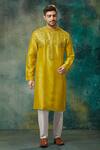 Buy_Sammohan Ceremonial_Yellow Viscose Silk Embroidered Thread And Mirror Work Placement Kurta Set_at_Aza_Fashions