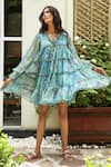 Buy_Aroop Shop India_Blue Chiffon V-neck Kacy Harbour Floral Print Dress _at_Aza_Fashions