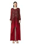 Buy_Rohit Gandhi + Rahul Khanna_Maroon Silk Georgette Embellished Sequin Round Overlap Asymmetric Ombre Tunic _at_Aza_Fashions