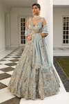 Buy_Miku Kumar_Grey Silk, Satin, Net Sequins, Cut Floral Hand Embroidered Bridal Lehenga Set _at_Aza_Fashions