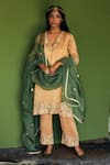 Buy_Esha Arora_Gold Chanderi Tissue Floral V Neck Neckline Embroidered Kurta Set_at_Aza_Fashions