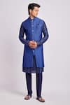 Buy_BUBBER COUTURE_Blue Flat Raw Silk Print Griffin Ivan Sherwani Jacket _at_Aza_Fashions