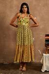 Buy_Label Kinjal Modi_Green Cotton Silk Printed Floral Sweetheart Neck Dress  _at_Aza_Fashions