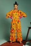 Buy_LABEL SHRISTI CHETANI_Yellow Chanderi Printed Floral Round Top And Pant Set _at_Aza_Fashions