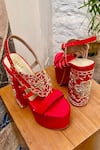 Buy_Tiesta_Red Cut Work, Embroidery Saeba Cutdana Embellished Block Heels _at_Aza_Fashions