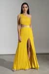 Buy_AMRTA by GUNEET KONDAL_Yellow Shell 100% Viscose Georgette Asymmetric Hand Beaded Gown _at_Aza_Fashions