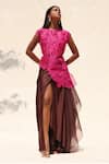 Buy_Richa Khemka_Pink Organza Embellished Sequins Round Neck Cutwork Top And Skirt Set _at_Aza_Fashions