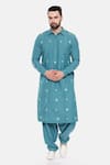 Buy_Mayank Modi - Men_Blue Malai Cotton Embroidered Thread Kurta And Pant Set_at_Aza_Fashions