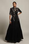 Buy_Sejal Kamdar_Black Gajji Silk Embellished Cut Pipe Gown V Neck Gathered With Short Jacket _at_Aza_Fashions