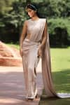 Buy_Tarini Vij_Gold Bremberg Lycra Satin And Net Pleated Stitched Saree With Pearl Blouse _at_Aza_Fashions