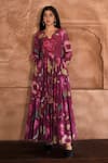 Buy_Taro_Wine Chanderi Silk Print Floral Split V Neck Plum Garden Maxi Dress  _at_Aza_Fashions