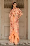 Buy_Amrin khan_Peach Georgette Print And Embroidery Floral Jacket And Pleated Pant Set  _at_Aza_Fashions