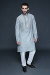 Buy_Sanjev Marwaaha_Grey Cotton, Silk Sequins, Beads, Cut Work Block Print Kurta Set_at_Aza_Fashions