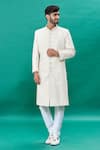 Buy_RNG Safawala_Off White Raw Silk Embroidery Thread Mandarin Collar Sherwani Set _at_Aza_Fashions