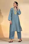 Buy_AFFROZ_Grey Viscose Linen Lace Mandarin Collar Kurta With Pant _at_Aza_Fashions