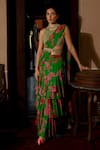 Buy_Paulmi and Harsh_Green Saree Georgette Printed Floral Full Bloom Pre-draped Set _at_Aza_Fashions