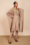 Buy_Sue Mue_Beige Tussar Georgette And Lycra Crepe Embroidery Aari Asymmetric Hem Kaftan Set _at_Aza_Fashions