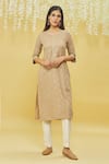 Buy_Khwaab by Sanjana Lakhani_Beige Rayon Printed Lotus Round Neck Straight Kurta _at_Aza_Fashions