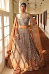 Buy_Miku Kumar_Peach Silk Hand Embroidered Sequin Square Neck Scattered Bridal Lehenga Set _at_Aza_Fashions