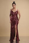 Buy_Kommal Sood_Maroon Lycra Stretch Net Embroidered Sequins V Neck Spaghetti Gown  _at_Aza_Fashions