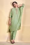 Buy_AFFROZ_Green Viscose Linen Lace Mandarin Collar Solid Kimono Kurta With Pant _at_Aza_Fashions