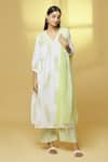 Buy_Kalakaari By Sagarika_White Cotton Printed Stripe Notched Handblock Straight Kurta Set _at_Aza_Fashions