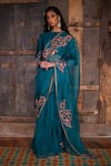 Buy_Shikha Mehta_Green Saree : Silk Organza Embroidered Thread High Neck Set For Women_at_Aza_Fashions