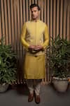 Buy_Darshika Menswear_Green Satin Linen Embroidery Pearl Checkered Pattern Bundi And Kurta Set _at_Aza_Fashions