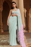 Buy_Dheeru Taneja_Green Crepe Embroidery Pearl Scoop Neck Pre-draped Saree With Blouse  _at_Aza_Fashions