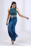 Buy_Neha Gursahani_Blue Satin Raw Silk Embroidery Zardozi Halter Top And Draped Skirt Set _at_Aza_Fashions