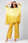 Buy_Sakshi Khetterpal_Yellow Chanderi Silk Embroidery Round Neck Ombre Kaftan And Pant Set _at_Aza_Fashions