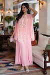 Buy_Keith Gomes_Pink Georgette Sequins Round Neck Embellished Cape Tunic And Palazzo Set _at_Aza_Fashions