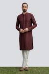 Buy_Kaka Calcutta_Wine Cotton, Silk Beads Placement Embroidered Kurta Set _at_Aza_Fashions