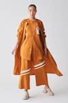 Buy_THREE_Orange Jacket And Pant Poplin Embroidered Fringes Long With Top Co-ord Set _at_Aza_Fashions